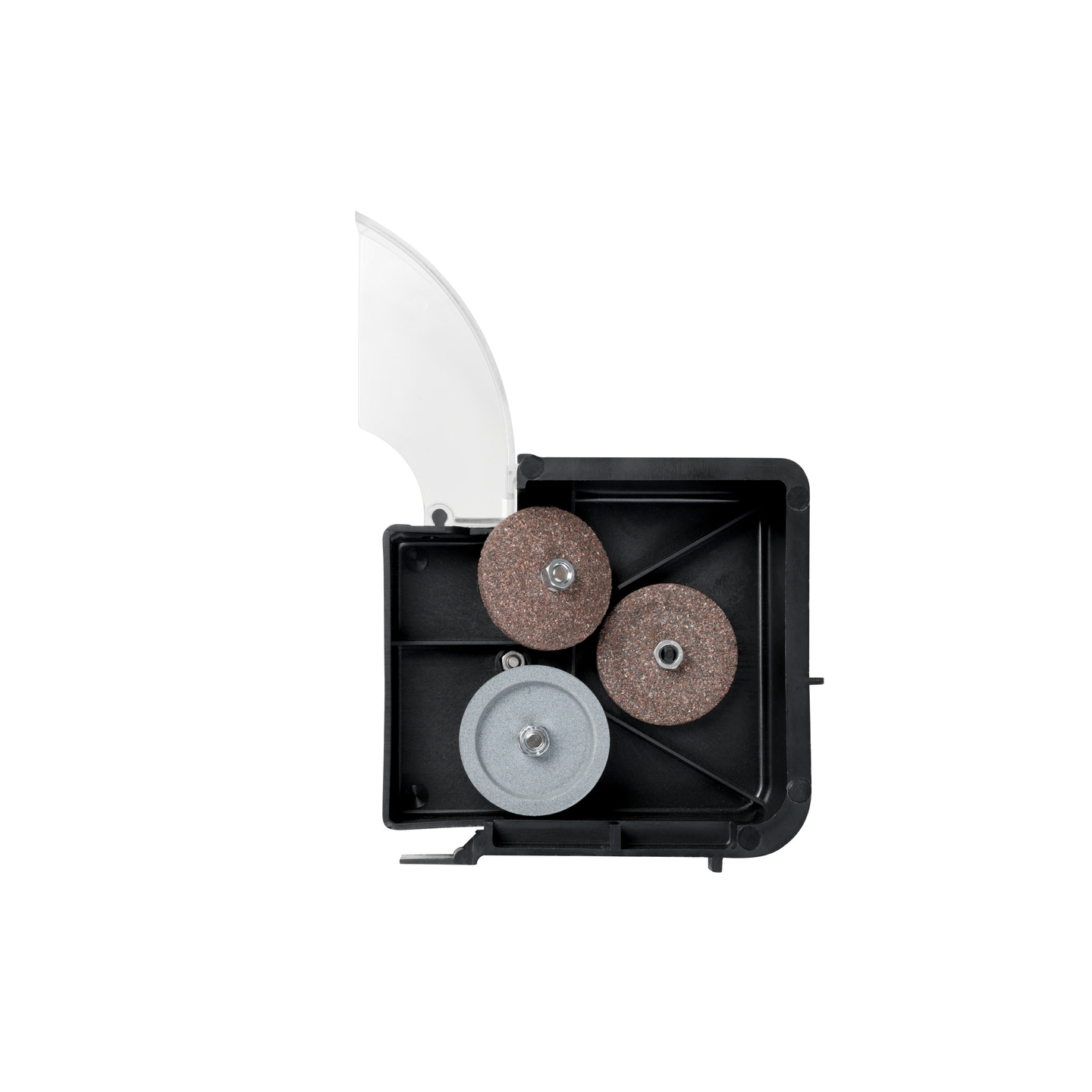 Gros plan d'une meuleuse avec trois meules et un dispositif de protection