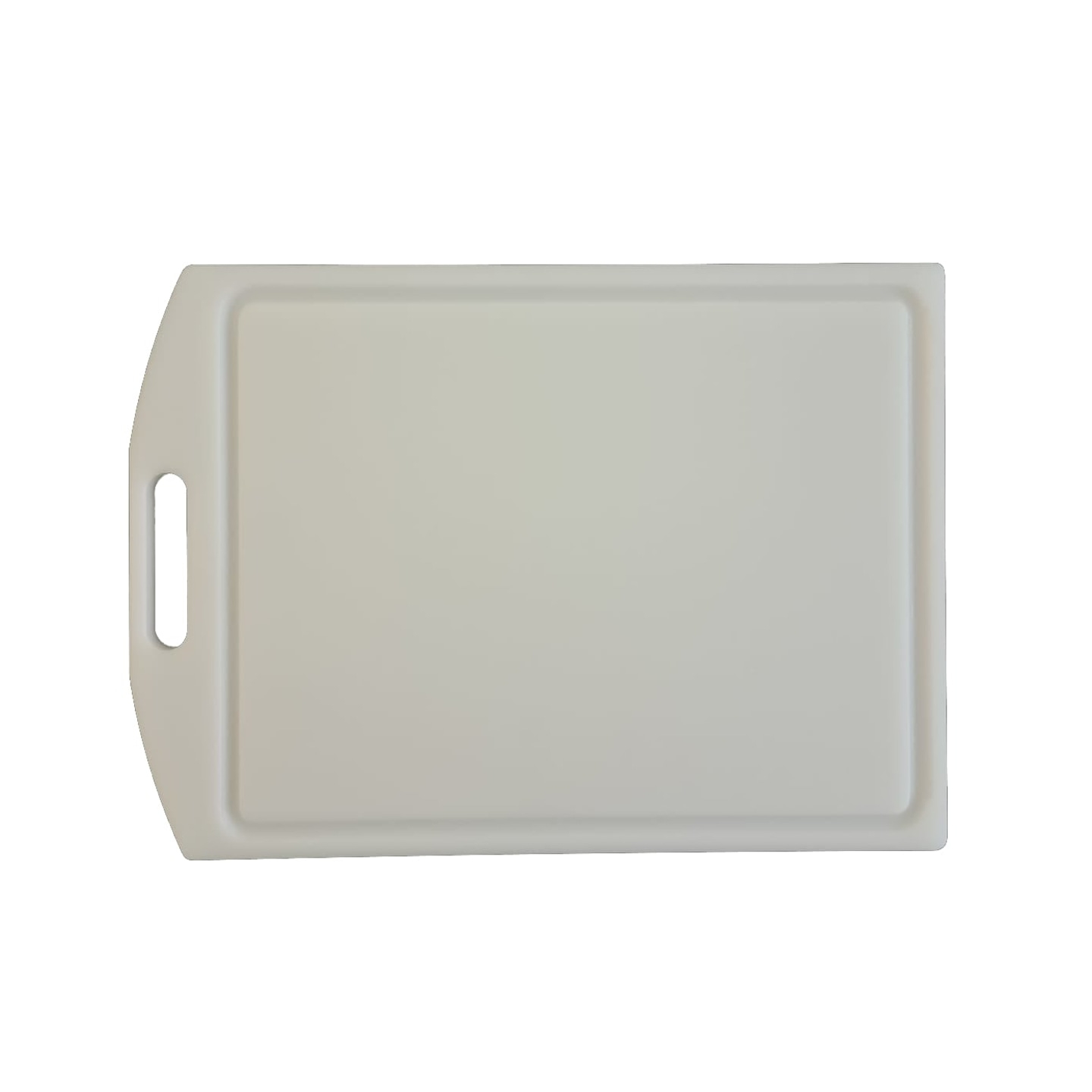 Rectangular cutting board with handle and raised edges, white