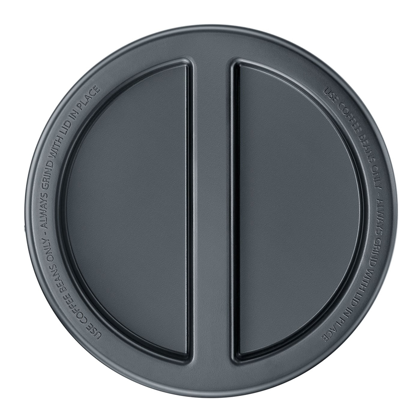 Coffee bean lid with text: Use coffee beans only, always grind with lid in place.