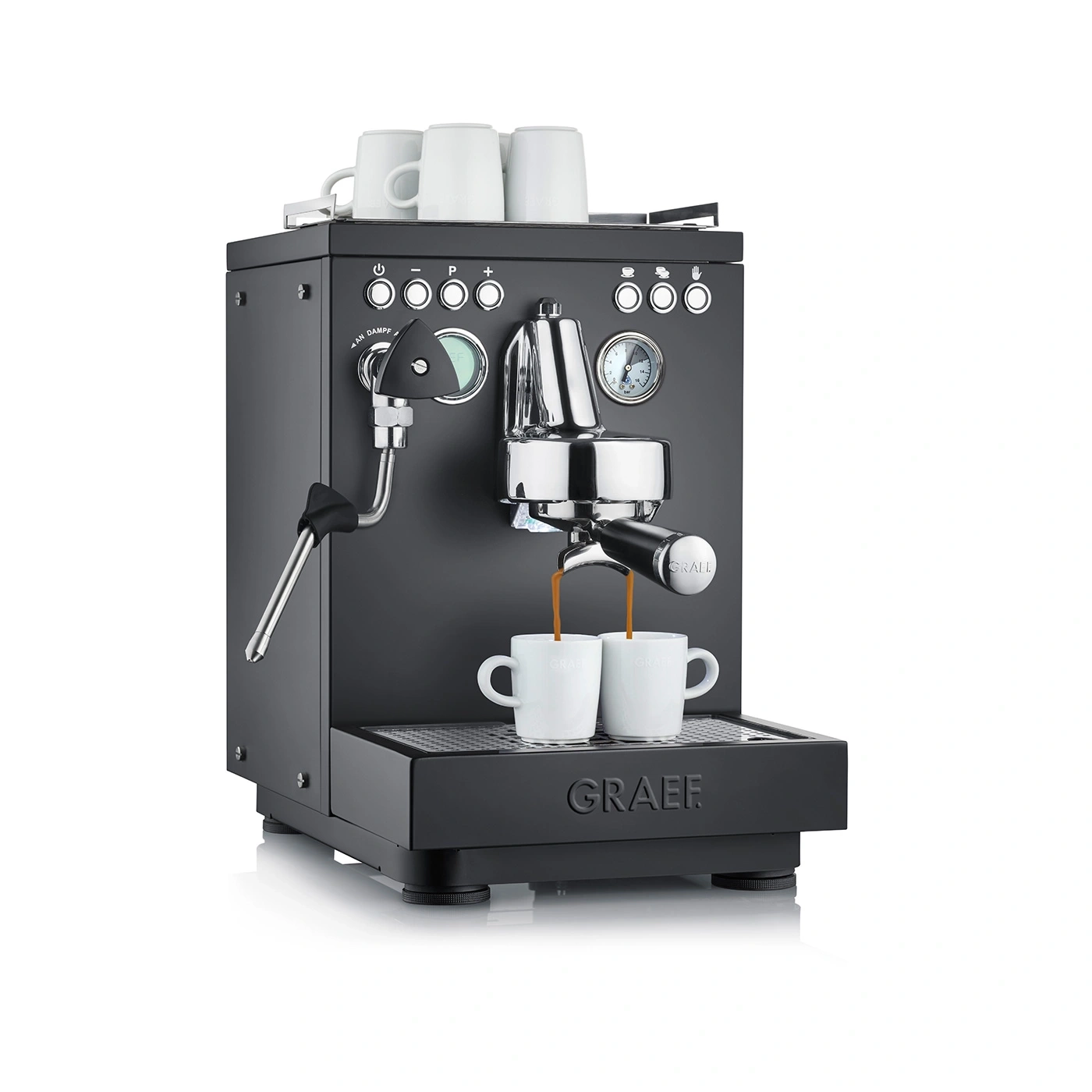 Macchina per espresso nera con tazze, logo Graef, vapore, preparazione caffè