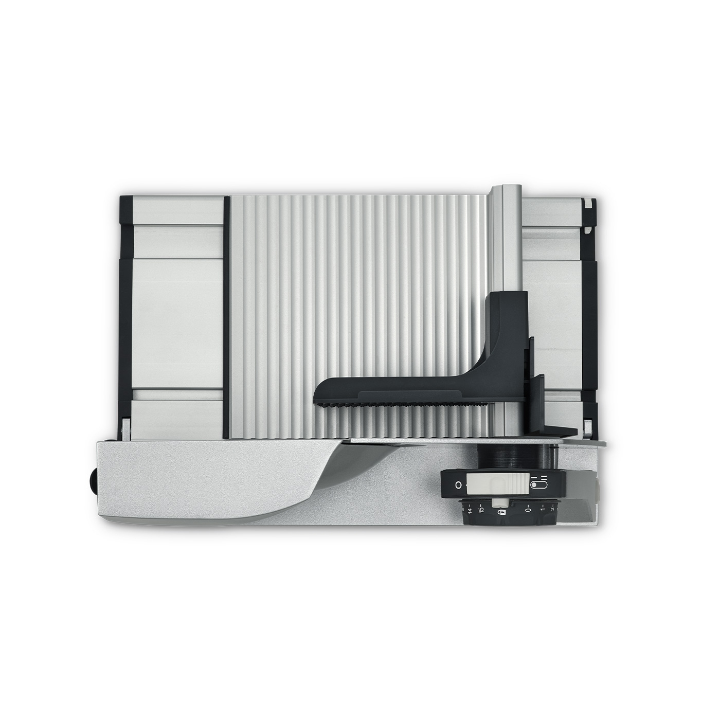 Silver slicer with black handle and dial to adjust the thickness of the slices.