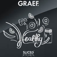 Graef logo with fruits and vegetables, symbolizing health and a sliced kitchen.