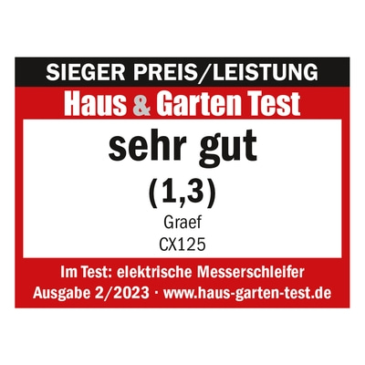 Award for Graef electric knife sharpener, rated very good by Haus & Garten Test.