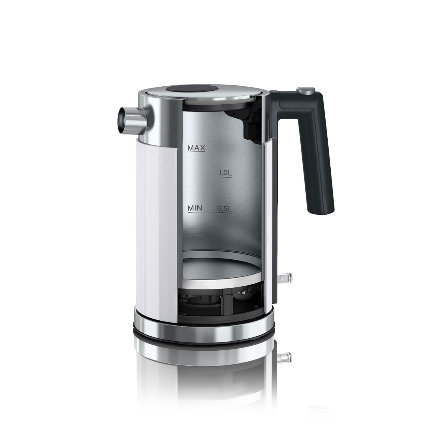 Kettle, stainless steel, white, black, handle, MAX, MIN, 1.0L, 0.5L, kitchen, appliance