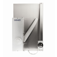 Graef slicer with serrated blade and black knob. Stainless steel design.