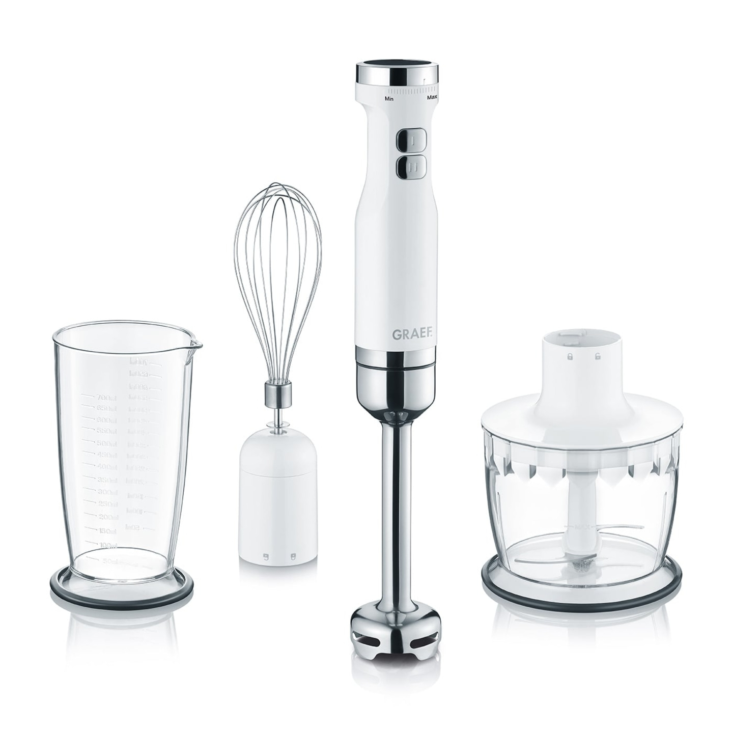 White kitchen appliance set with measuring cup, whisk, and blender, isolated on white background.