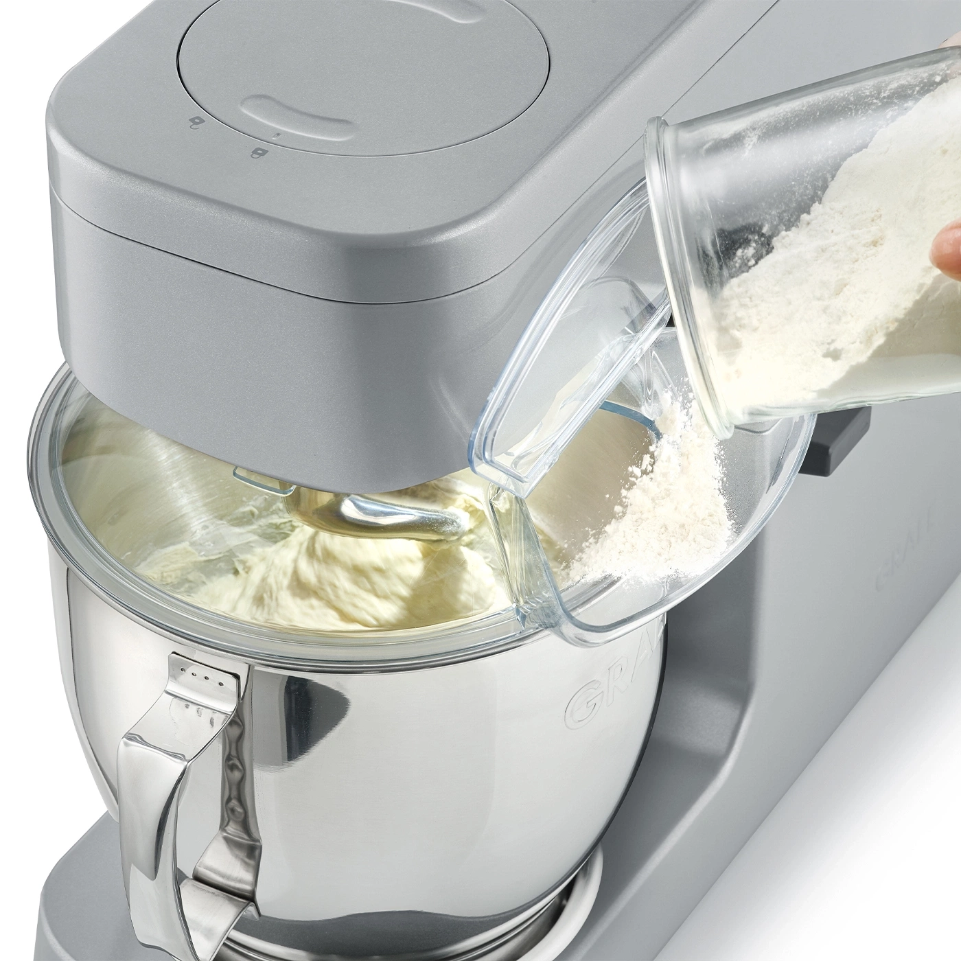 Impastatrice con aggiunta di farina, impasto, acciaio inossidabile, coperchio trasparente, grigio
