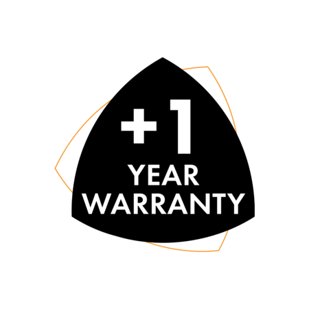 Warranty logo with text '+1 YEAR WARRANTY' in black and orange colors