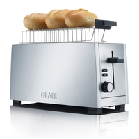 Silver Graef toaster with buns on top. Modern design with a push button.