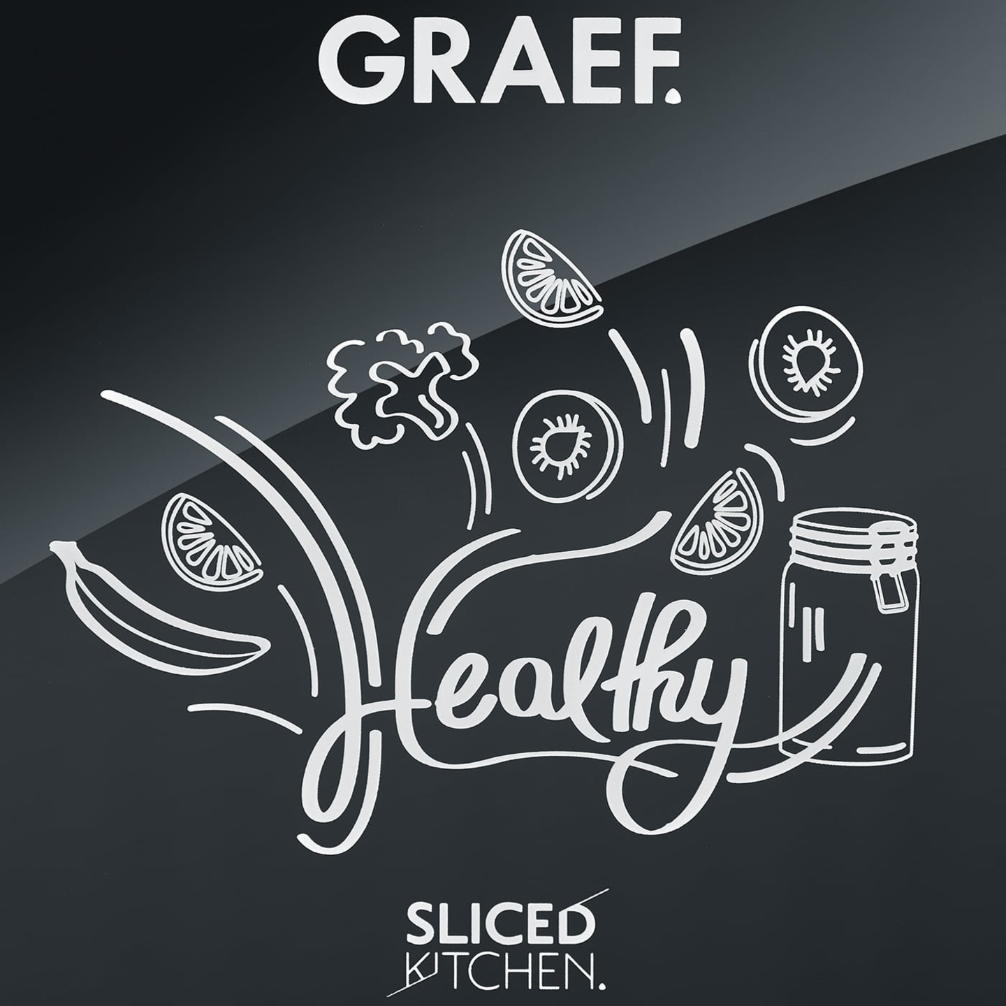 Graef logo with fruits and vegetables, symbolizing health and a sliced kitchen.