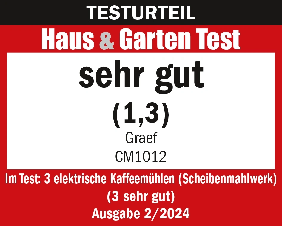 Haus & Garten Test, molto buono, voto 1,3, Graef CM1012, edizione 2/2024, test macinacaffè