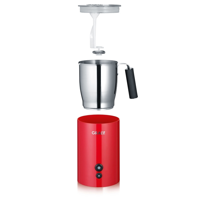 Mousseur à lait rouge avec pichet, couvercle et base, isolé sur fond blanc.