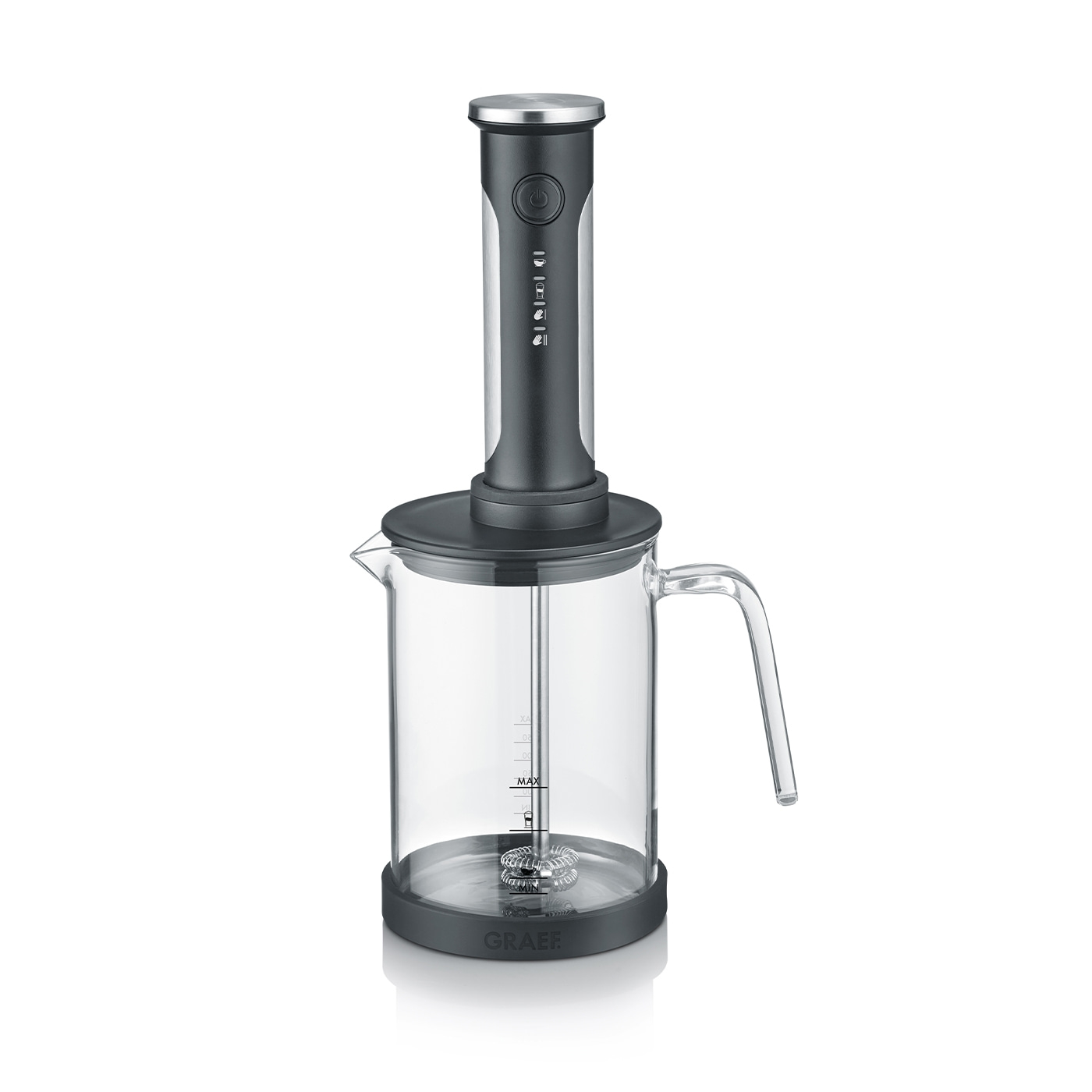 Electric milk frother with glass container, handle, gray and silver design