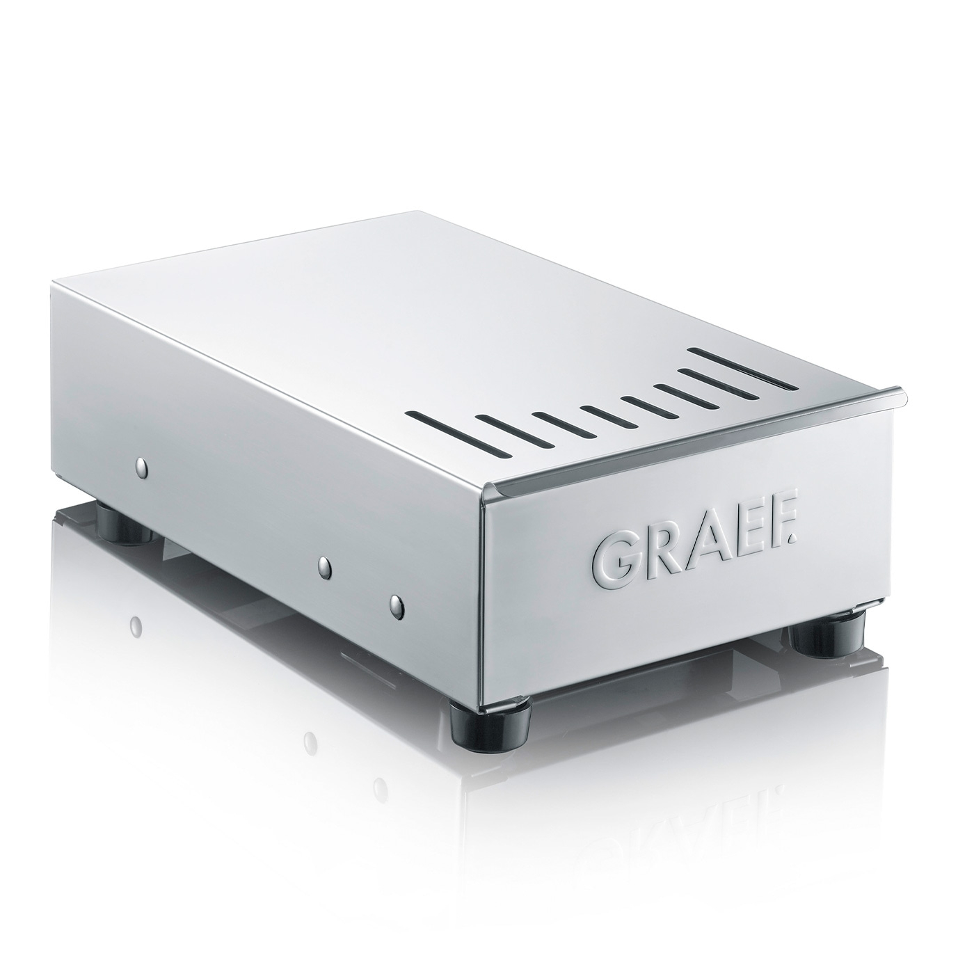 Macchina da caffè GRAEF argentata con piedini neri e fessure sulla parte superiore.