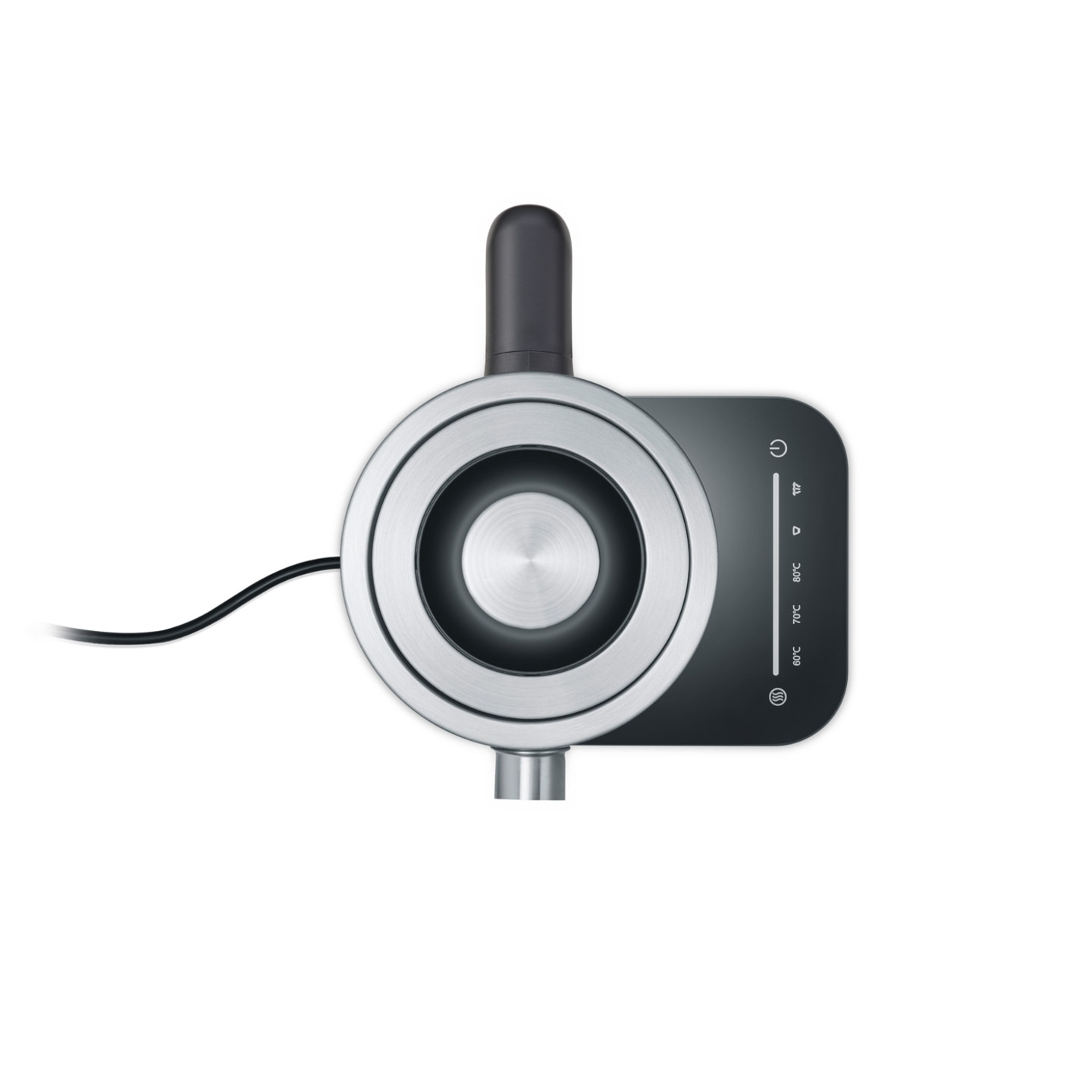 Kettle, top view, stainless steel, black, control panel, temperature display, power cord