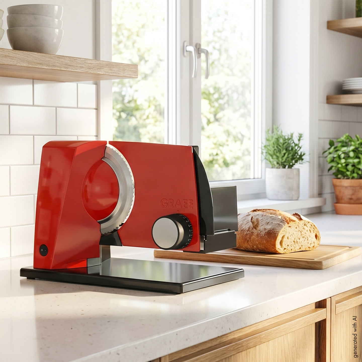 A red GRAEF slicer next to a loaf of bread on a kitchen counter.