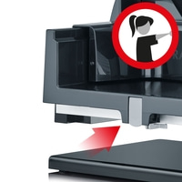 Panneau d'avertissement, femme, flèche rouge, appareil gris, surface noire, fond blanc, sécurité.