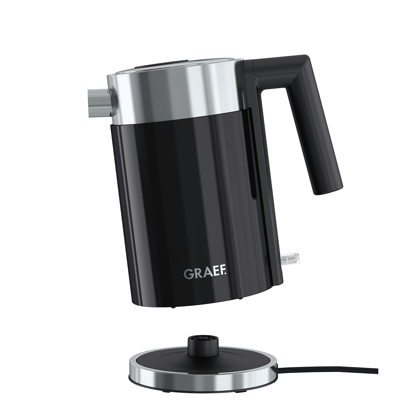 Bouilloire électrique noire avec des accents argentés et le logo GRAEF sur fond blanc.