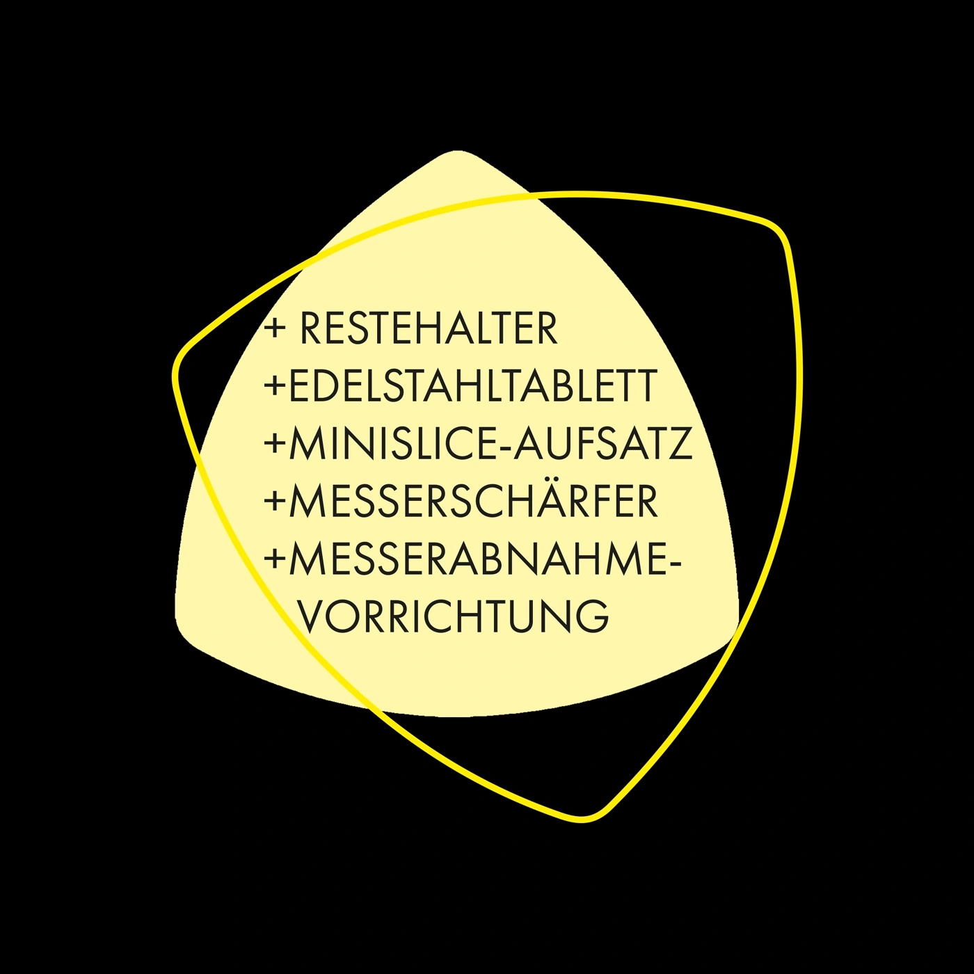 Forma gialla con testo: Restehater, Edelstahltablett, Minislice-Aufsatz, Messerschärfer, Messerabnahmevorrichtung