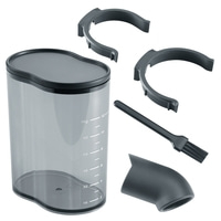 Coffee machine parts: container, lid, holders, brush, spout. Accessories for brewing.