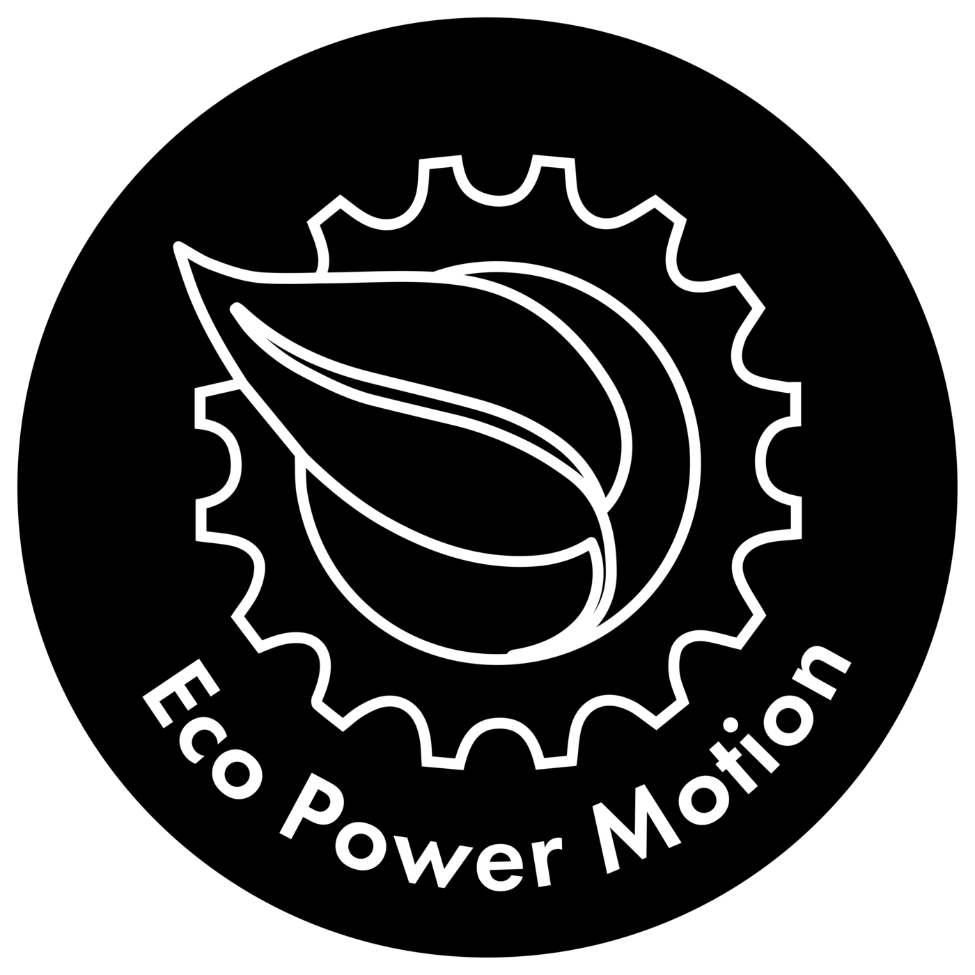 Logo avec engrenage, feuille et texte 'Eco Power Motion' sur fond noir.