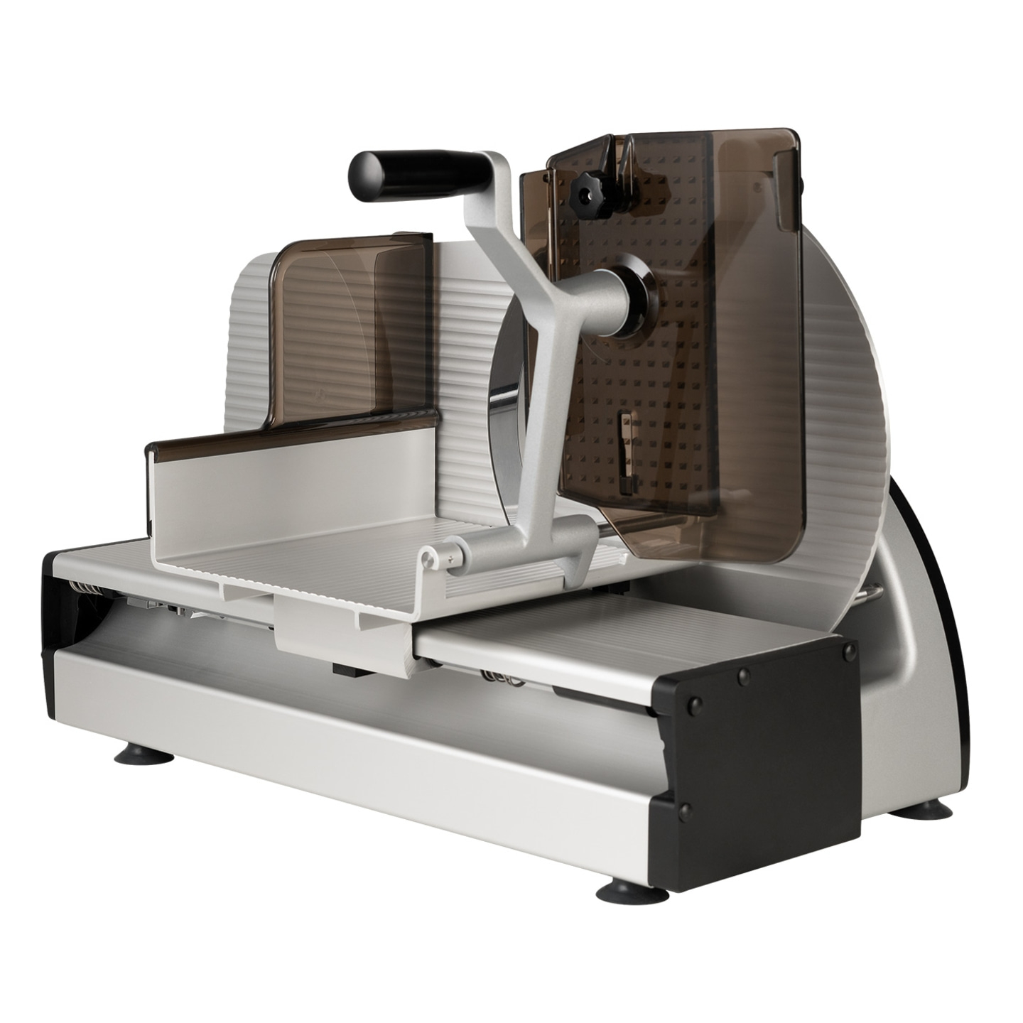 Silver meat slicer with black handle and guards, professional kitchen equipment