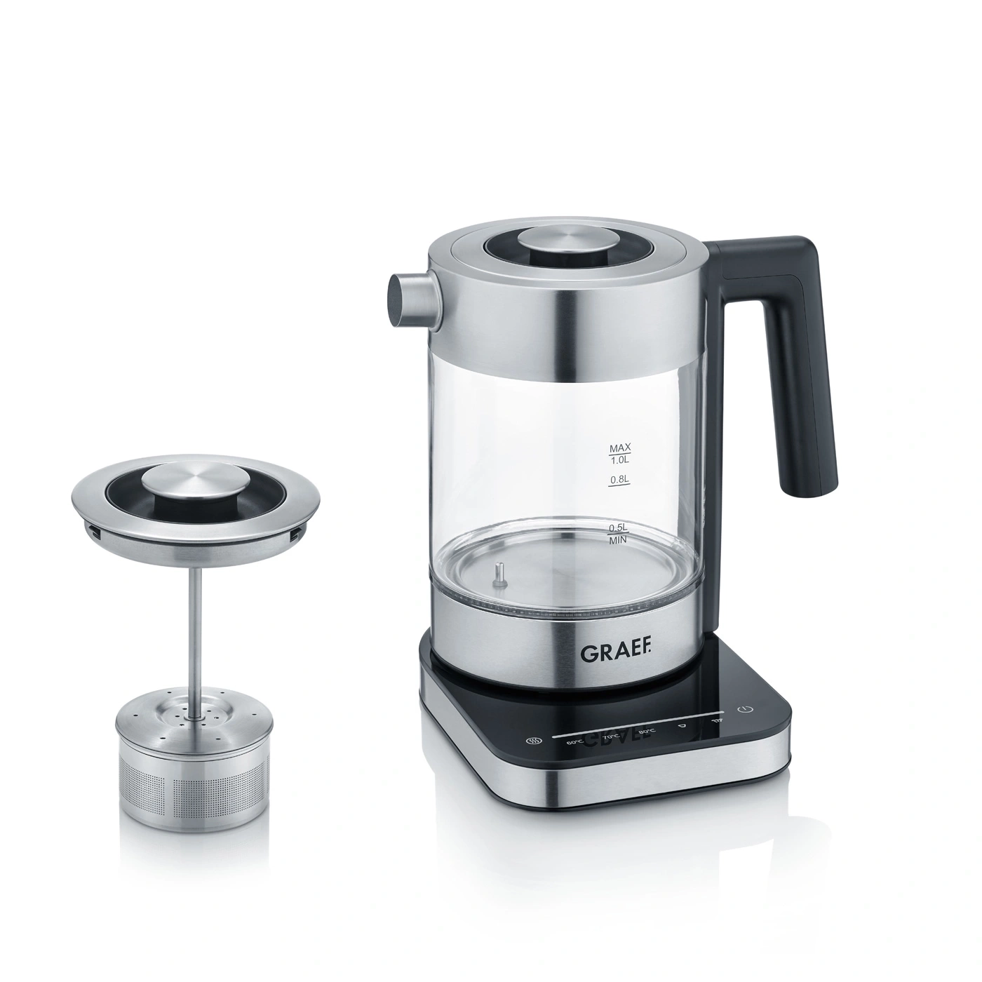 Stainless steel and glass electric kettle with tea filter, modern design, elegant, high quality