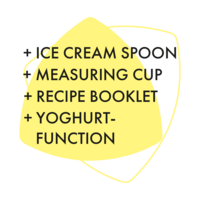 Yellow text on black background: Ice cream spoon, measuring cup, recipe booklet, yoghurt function.
