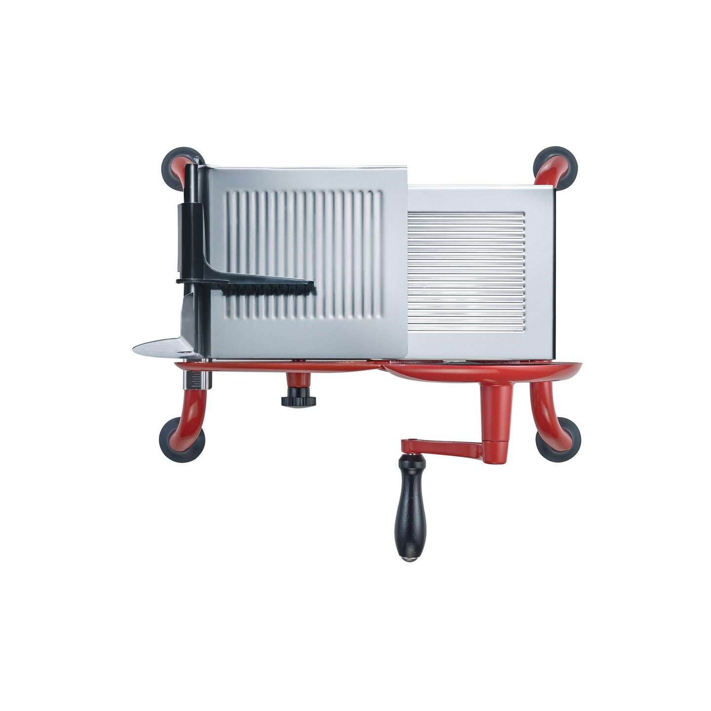 Red and silver meat slicer with handle and wheels isolated on white background