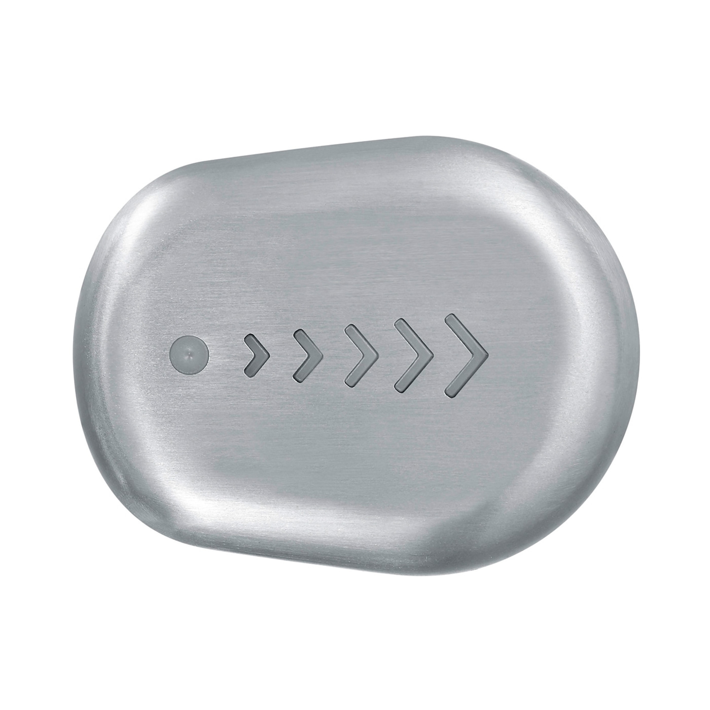 Bouton ovale gris avec flèches et point, surface métallique, design simple