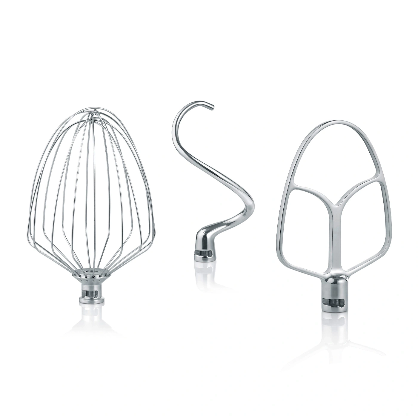 Three mixer attachments: whisk, dough hook, flat beater, stainless steel kitchenware.