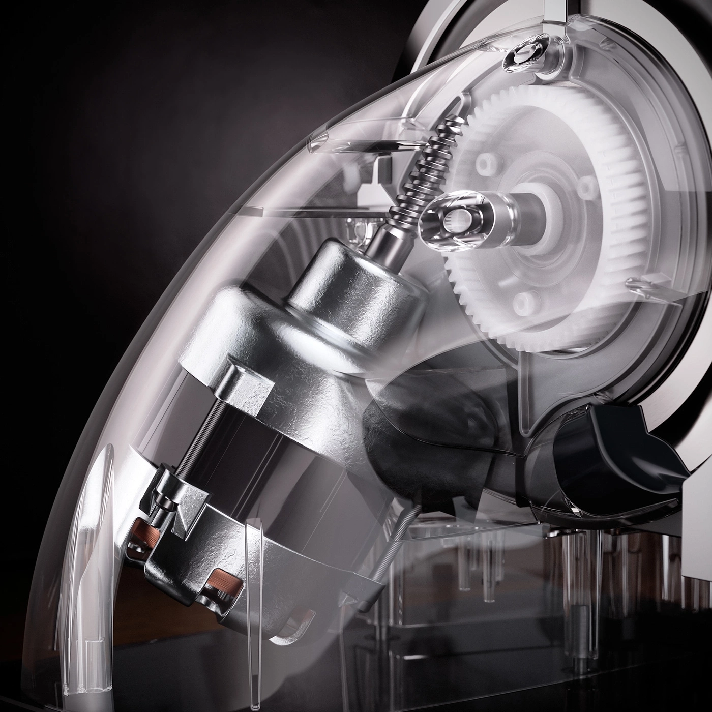 Transparent machine with gears and motor, close-up, technology, mechanical parts
