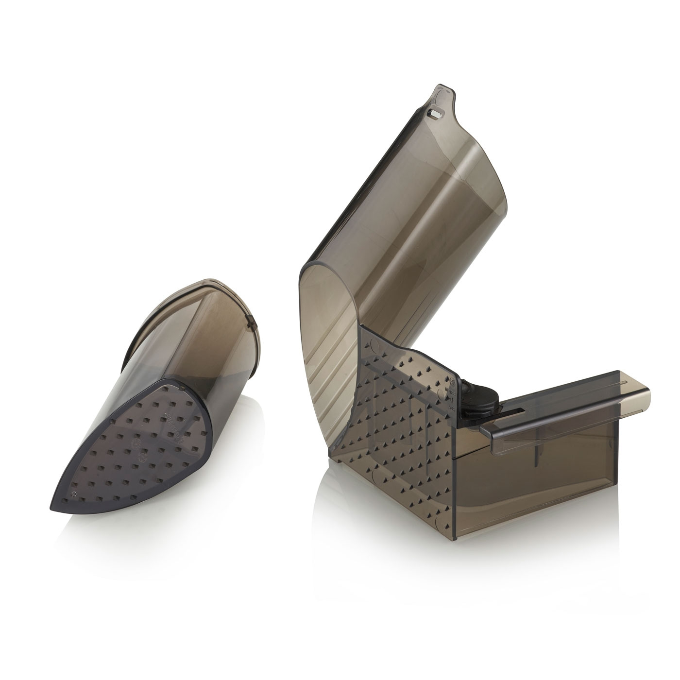 Trappola di plastica trasparente, aperta e chiusa, isolata su sfondo bianco