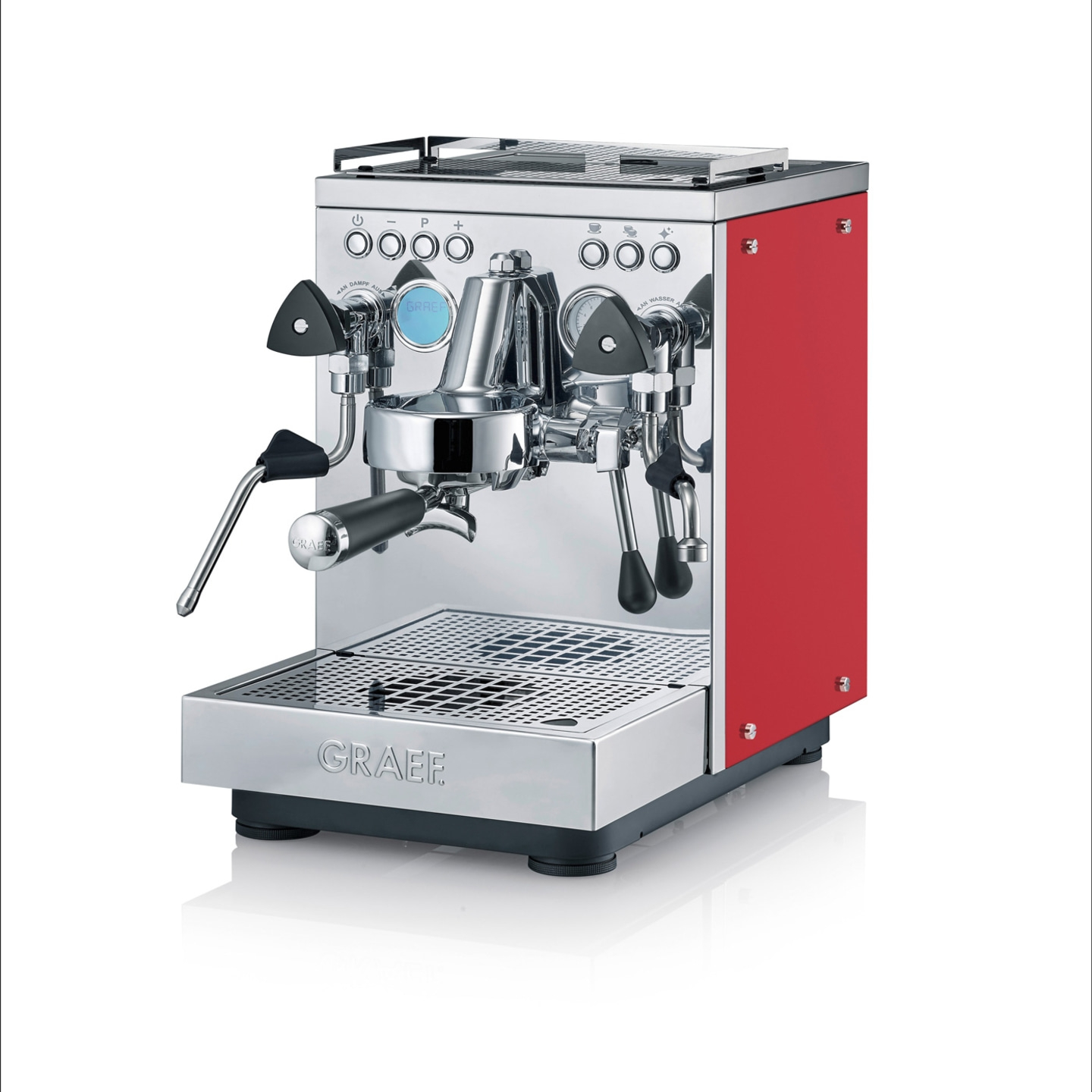Machine à expresso rouge et argent avec logo GRAEF et boutons.