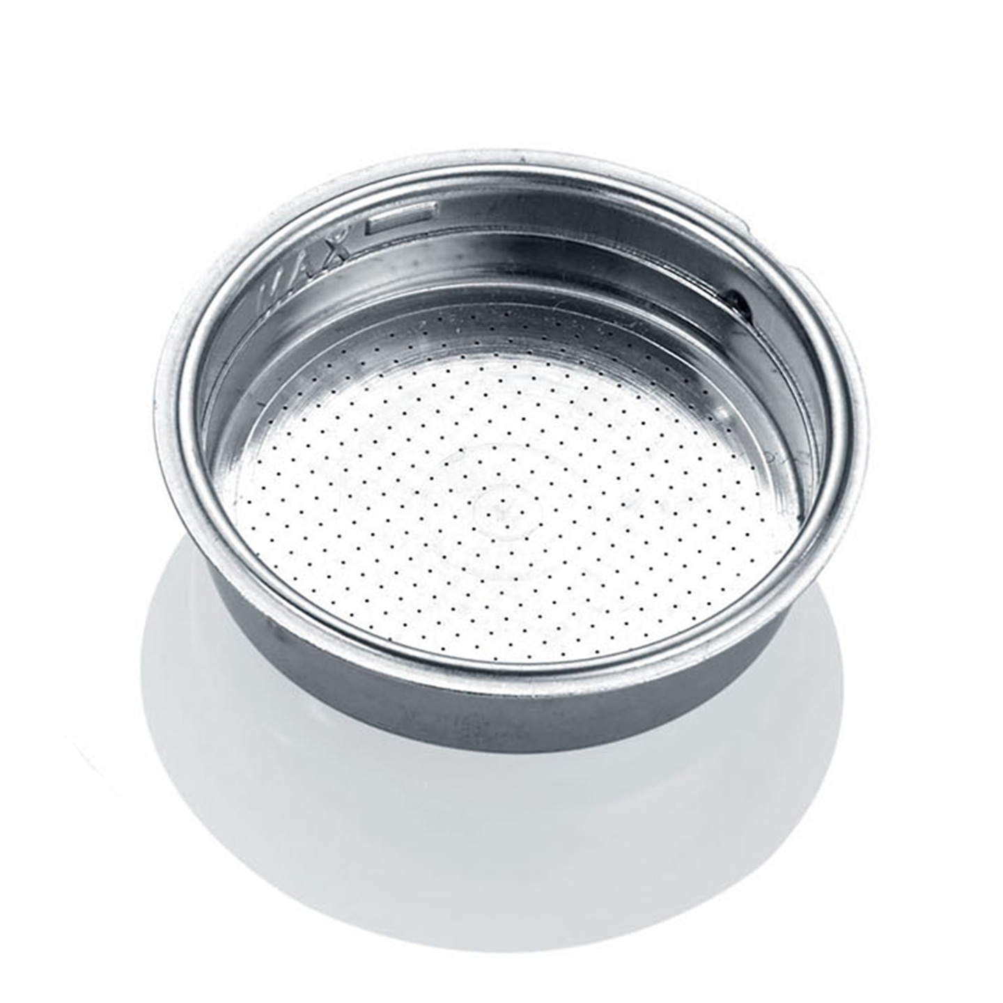 Stainless steel coffee filter with holes, for espresso, close-up, isolated on white