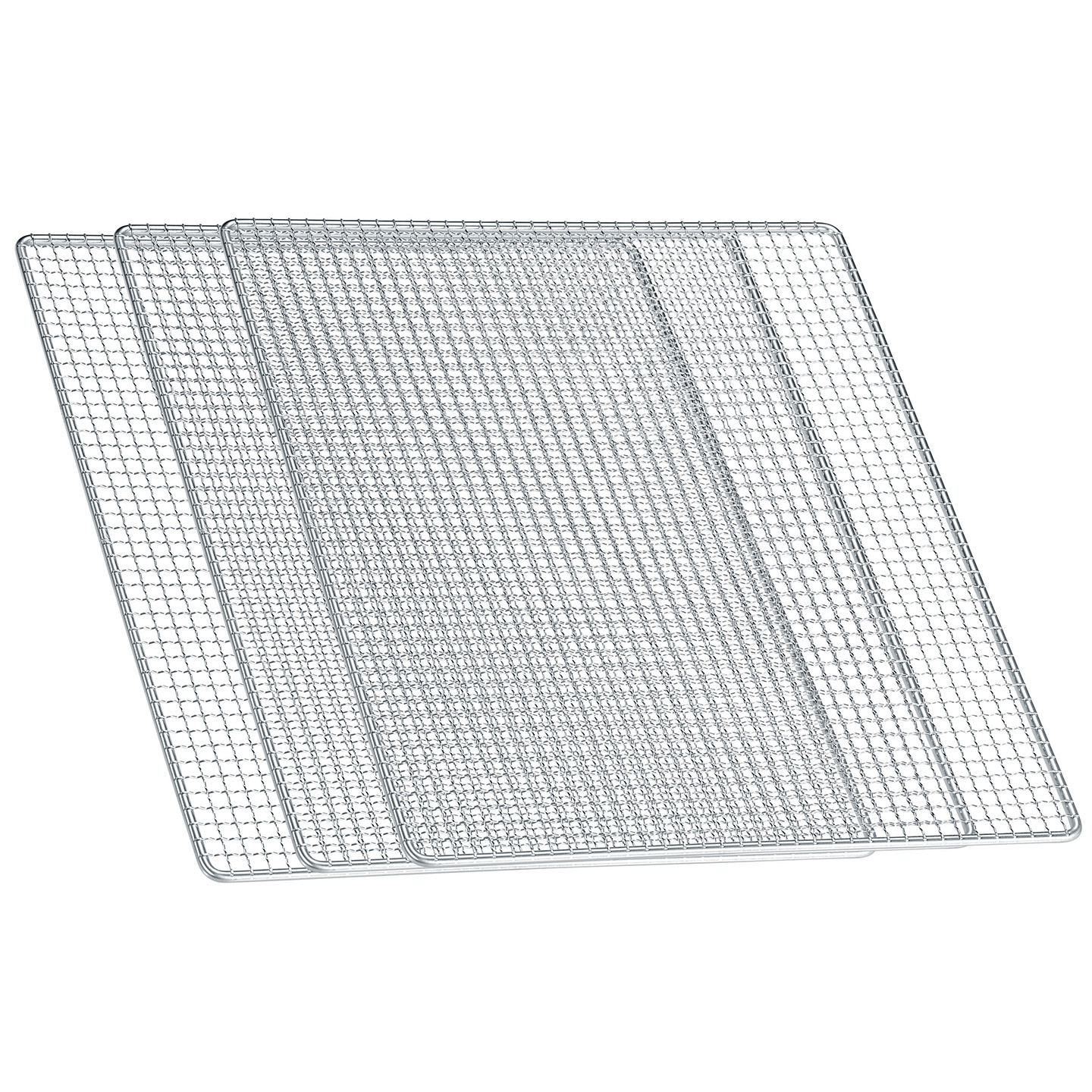 Three metal grids stacked together, likely for oven or grill use, close-up shot.