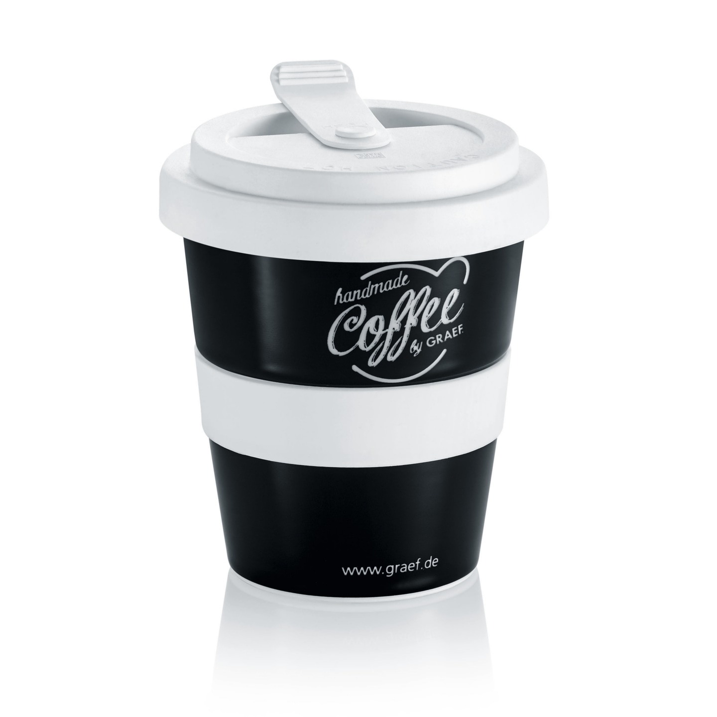 Tazza da caffè nera con coperchio bianco e scritta 'handmade Coffee'