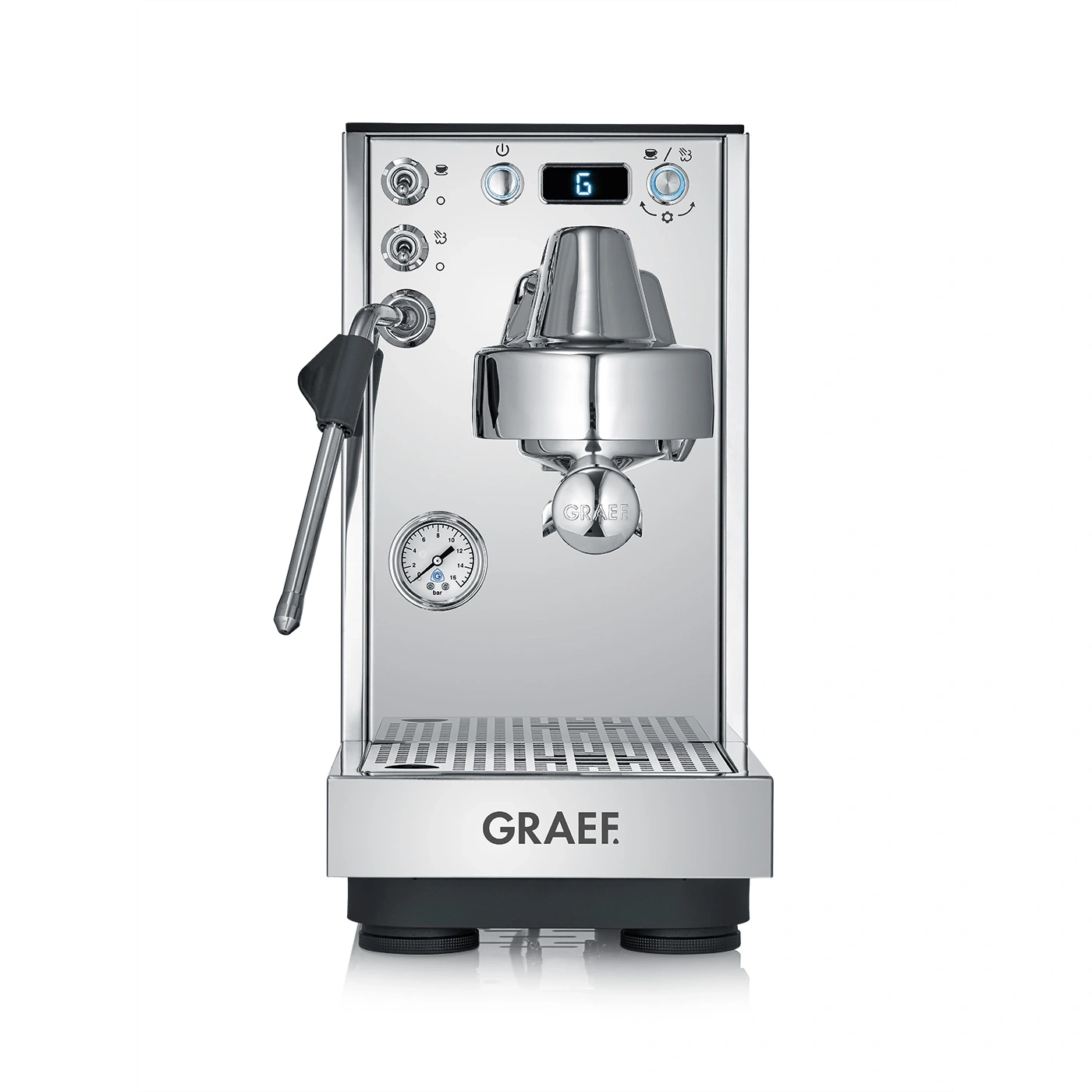 Une machine à expresso chromée brillante avec manomètre et écran numérique.