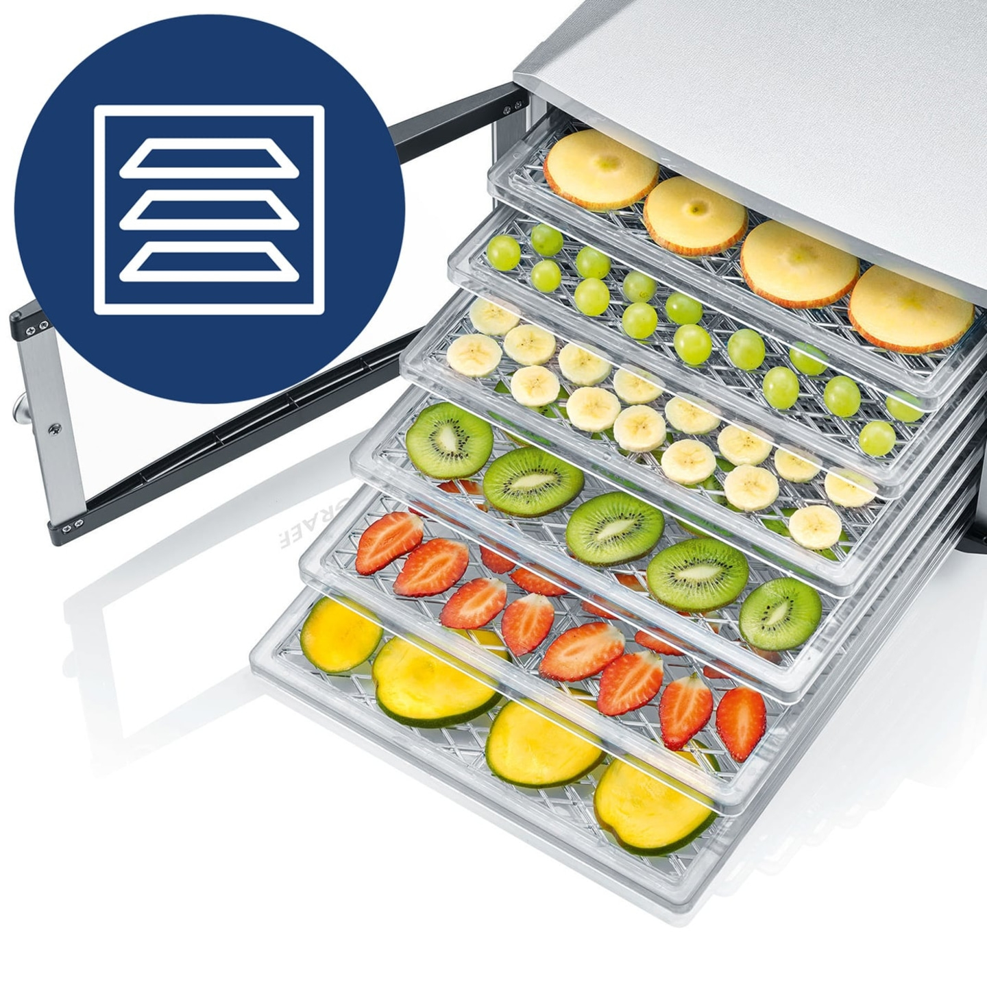 Food dehydrator with fruits: apples, bananas, kiwi, strawberries, mangoes, and grapes.