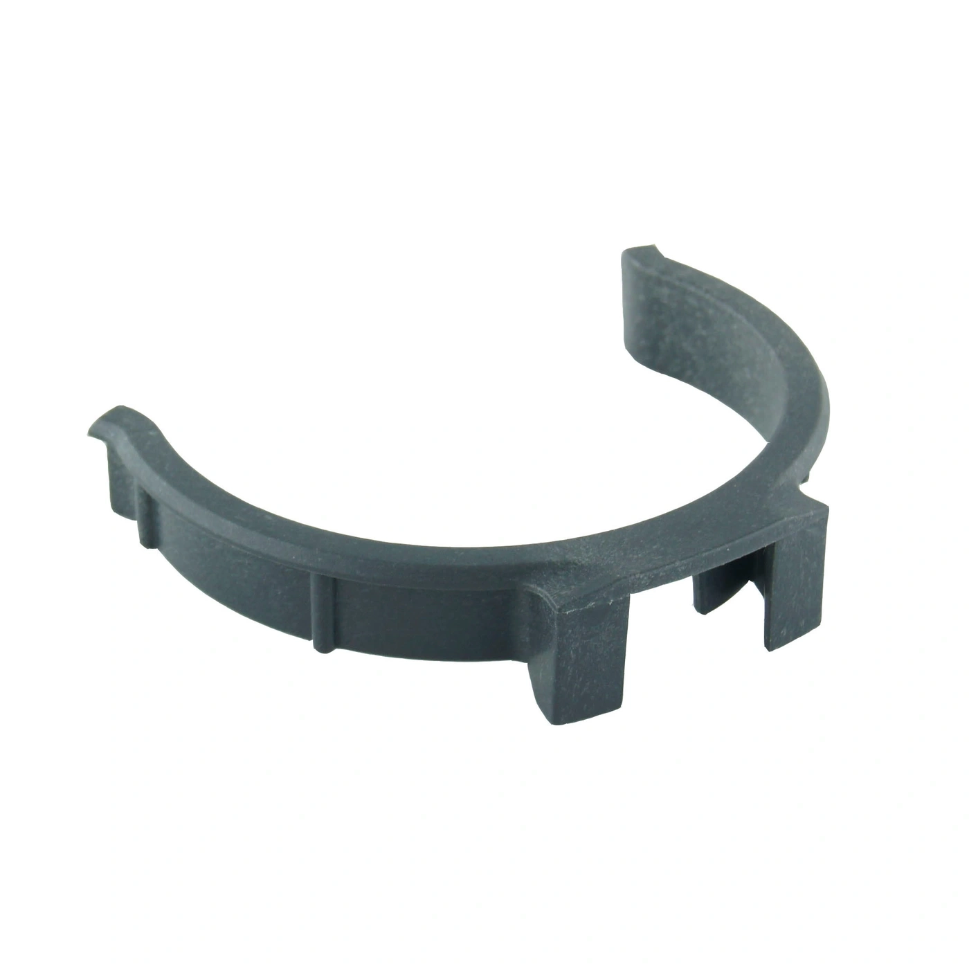 Semi-circular plastic ring with two protrusions and a cutout section.