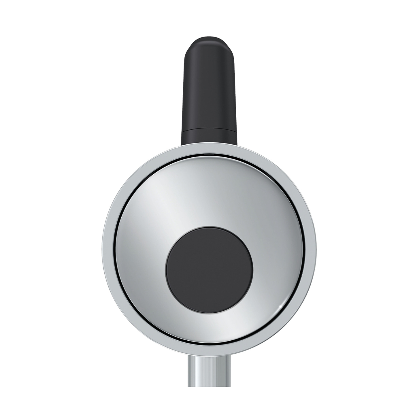 Design chromé avec bouton noir et poignée noire, gros plan, isolé