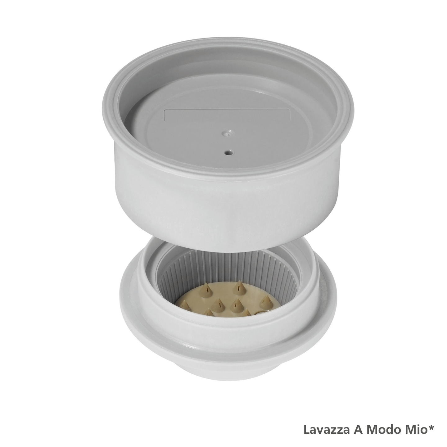 Macchina da caffè bianca, aperta, con punte marroni, Lavazza A Modo Mio*