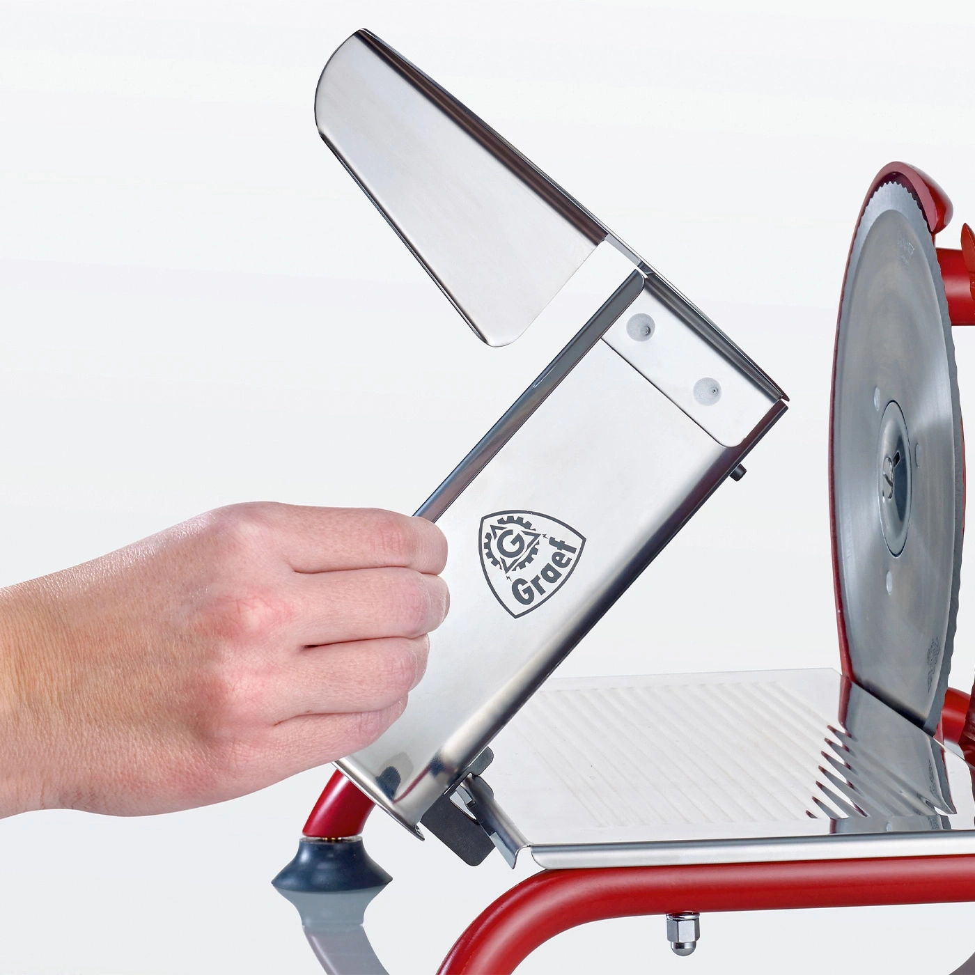 Meat slicer, red, silver, hand, Graef, blade, food, kitchen, appliance, metal