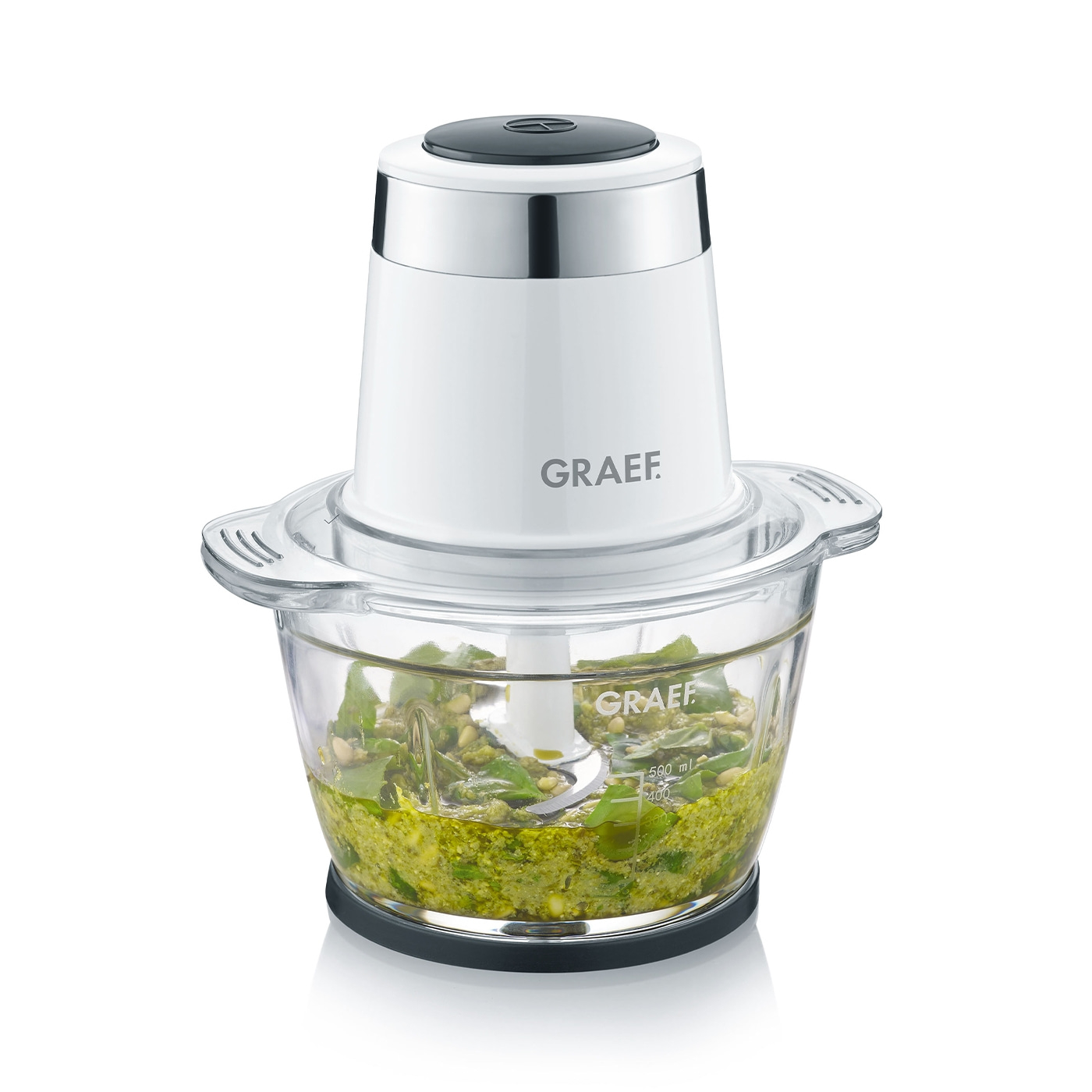 Robot da cucina Graef bianco con ingredienti pesto, ciotola in vetro, elettrodomestico