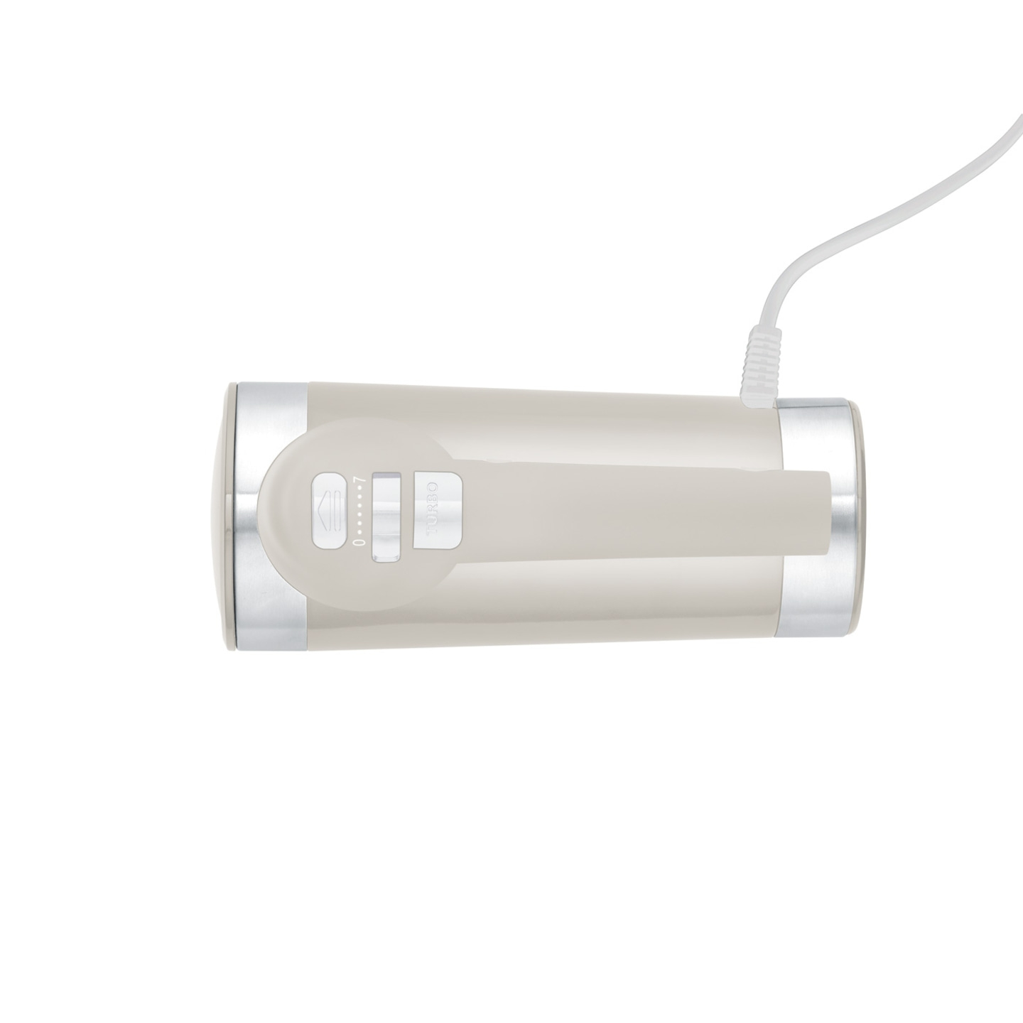 Mixeur à main beige avec contrôle de vitesse et bouton turbo, cordon d'alimentation