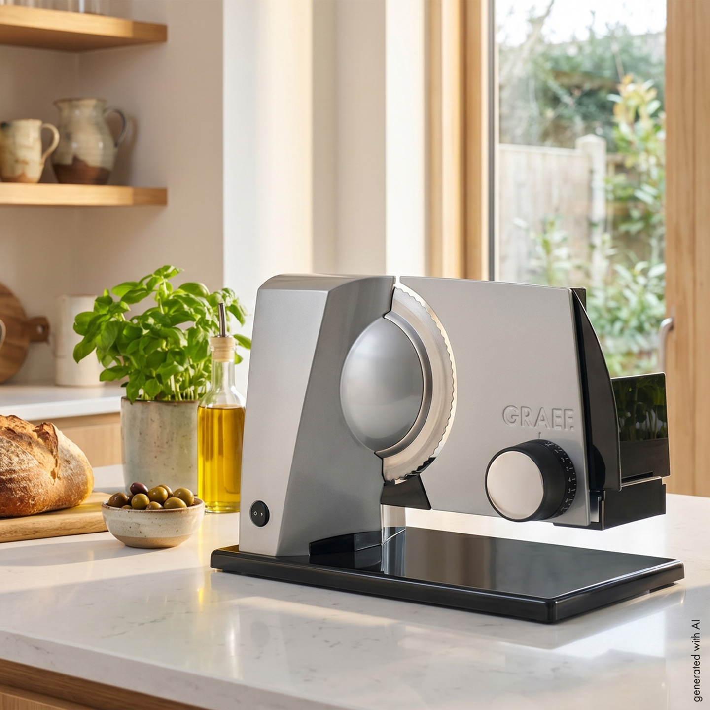 A GRAEF electric slicer with bread and olives on a kitchen counter.