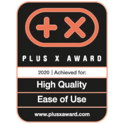 Plus X Award 2020 for High Quality and Ease of Use. Award badge.