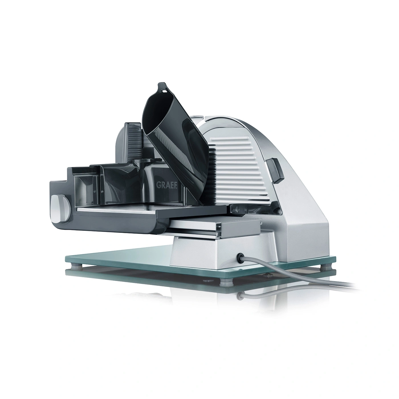 Trancheuse Graef, argent, plaque de verre, cordon d'alimentation, appareil de cuisine, aliments