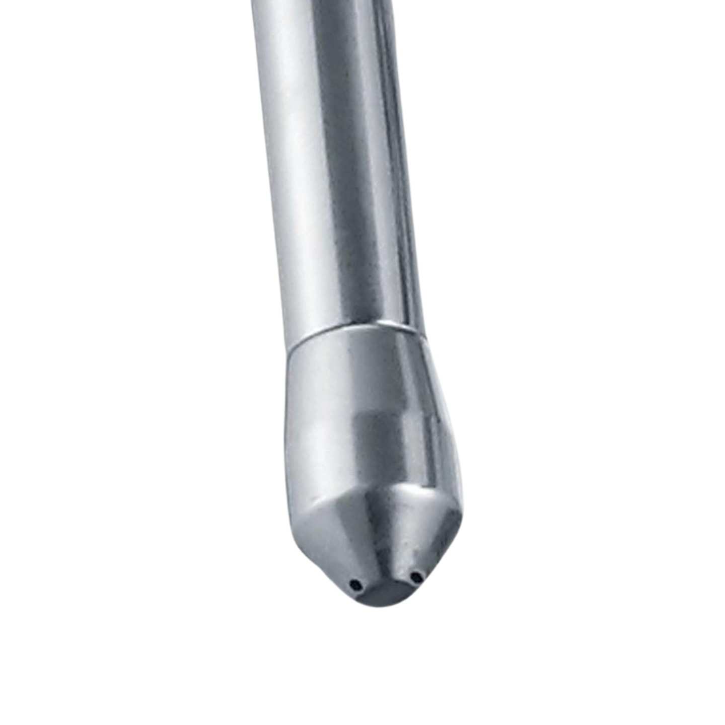 Metal piece with two holes, shiny, on white background, close-up shot