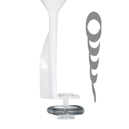 Outil de cuisine blanc avec spirale et ombre sur fond blanc.